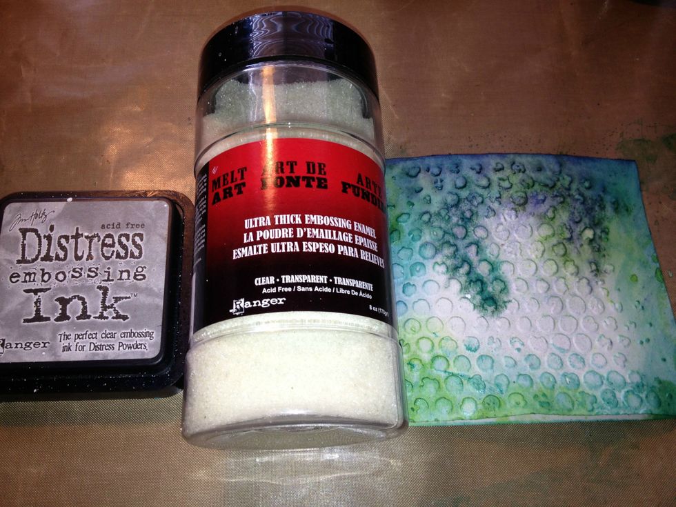 Run your textured side of card over embossing ink and apply Utee and heat set for a nice wet look.