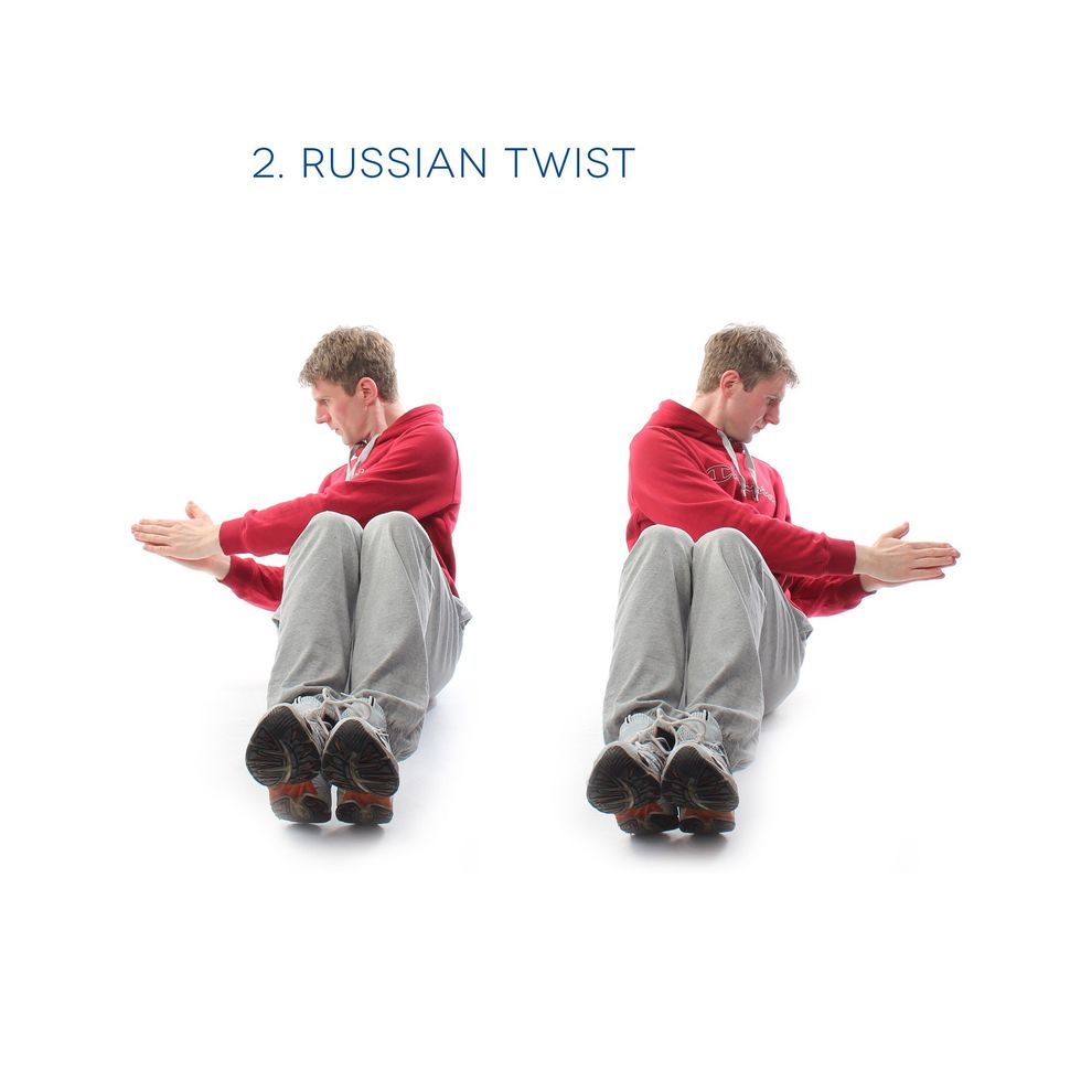 Russian Twist - Russian Twist - This will help your core strength. Sit with feet flat on the floor, leaning slightly back. Slowly twist to one side, and then the other. Perform 40 (20 to each side)