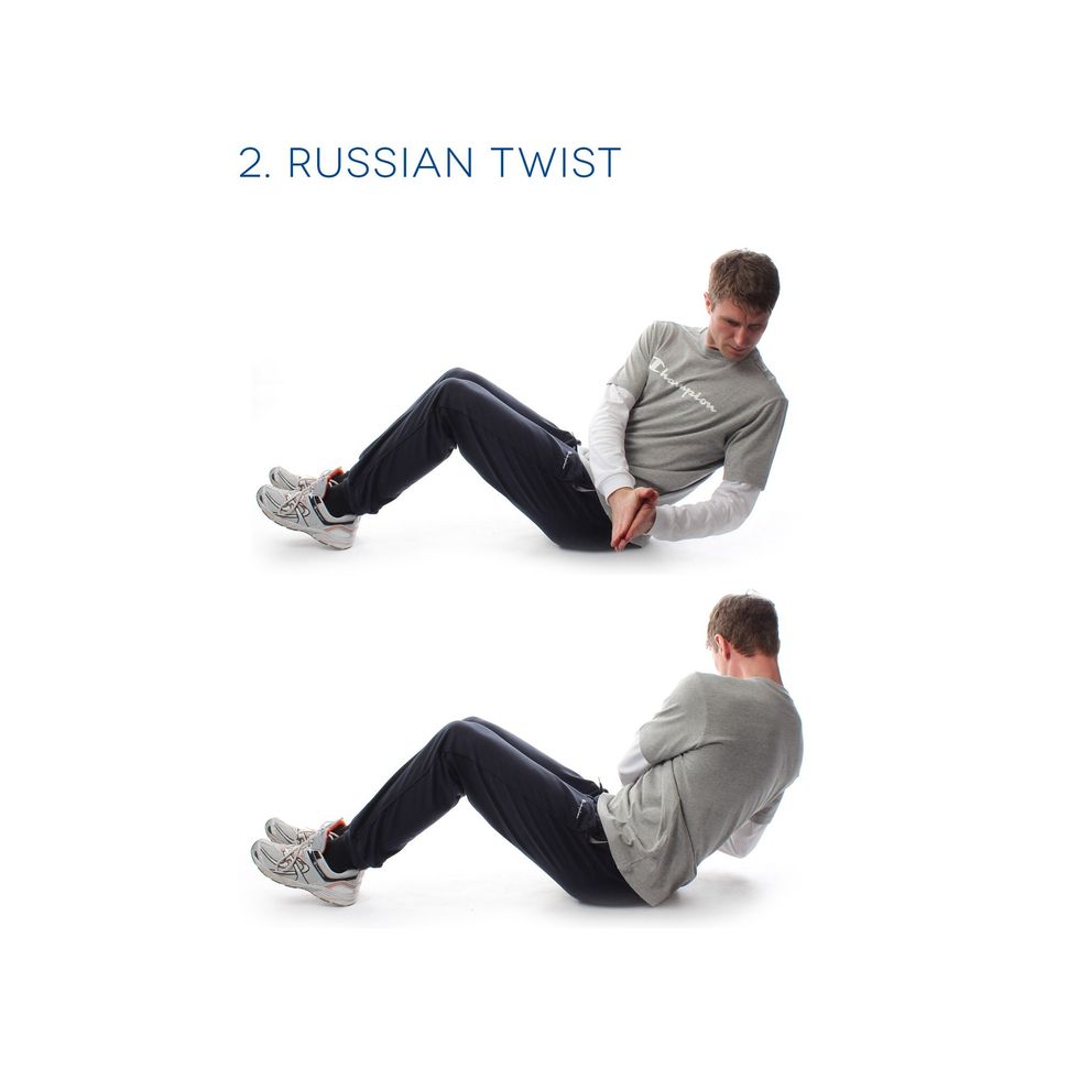 Russian Twist - This is for your core strength. Sit with your feet on the floor leaning slightly back. Slowly twist to one side and then the other. Do this 40 times (20 on each side)