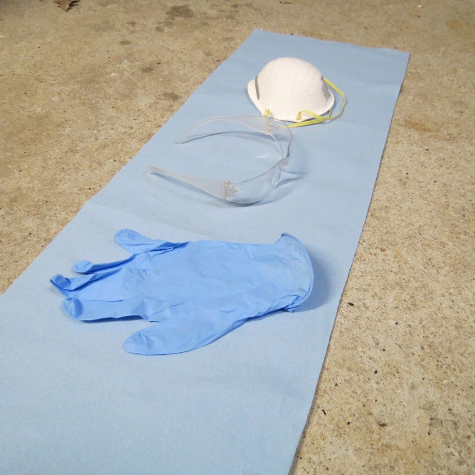 Safety first. Here is the safety equipment I recommend for this project. Dust mask, safety glasses and nitrile gloves. Also, do this project in a well-ventilated area, preferably outside.