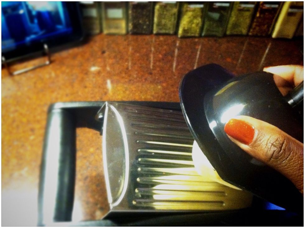 Safety first. I'm going to suggest that you never use your hand to slide the potato, but if you're feeling froggy \u2026\u2026\u2026 Jump. Good Luck :-)