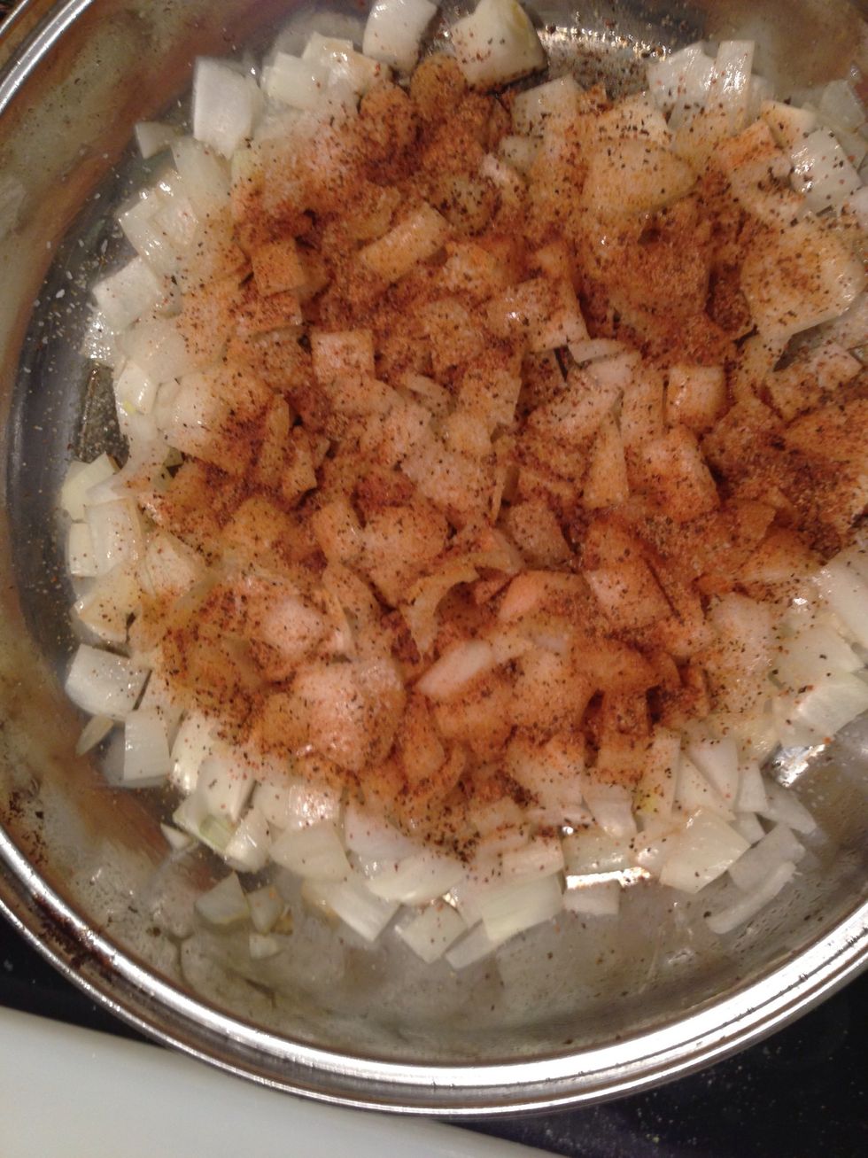 Salt all onion - once onion turns golden add garlic powder and BBQ season all over onion. This will be your seasoning base.  You'll adjust later.