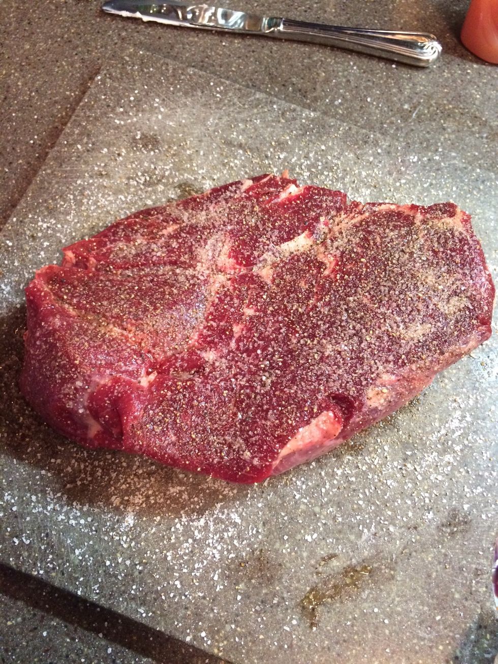 Salt and pepper the meat all over. I used kosher salt and fresh ground pepper. Then, let it rest while you prepare the rest of the ingredients.