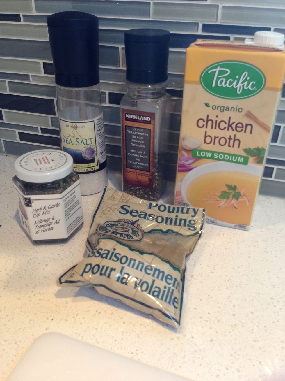 Salt and pepper to taste, and 1 teas. poultry seasoning. Add other spices you like. Add 1carton of chicken stock you like.