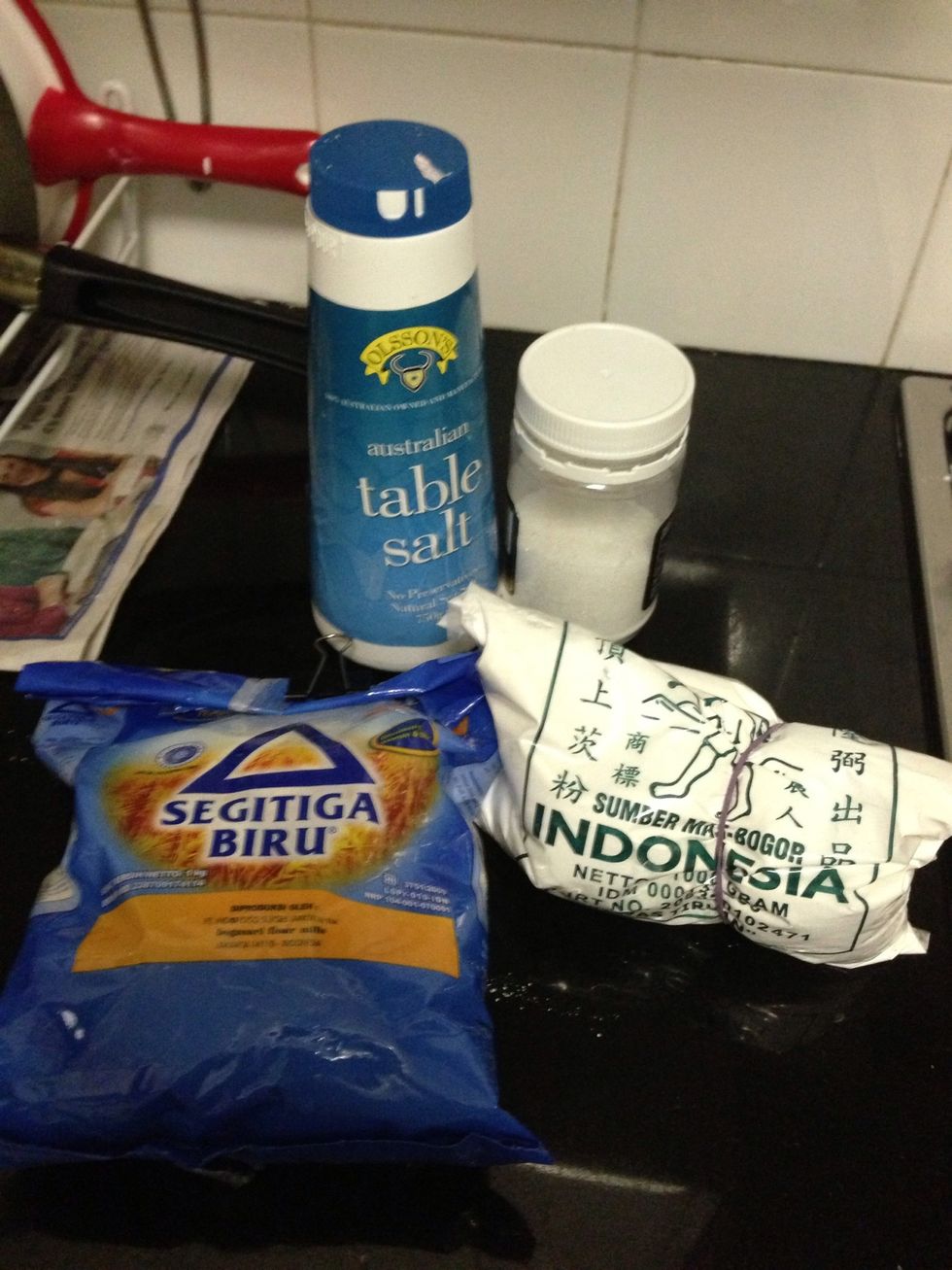 Salt, sugar, flour, sago