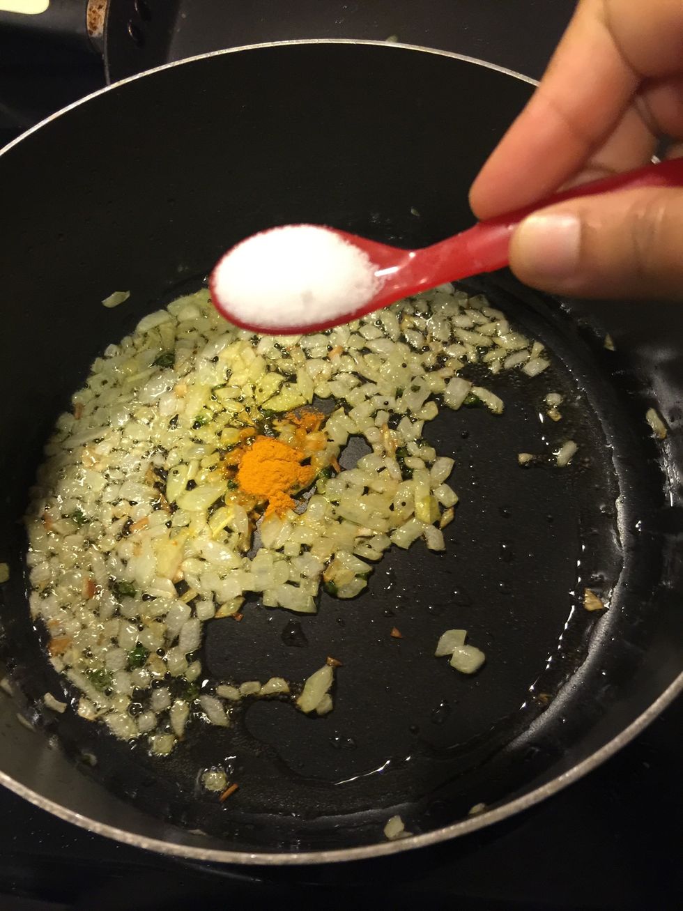 Salt to taste. However add less salt, i filled a spoon but added very little of it, since we will be adding one chicken bullion next, and it is a little salty.