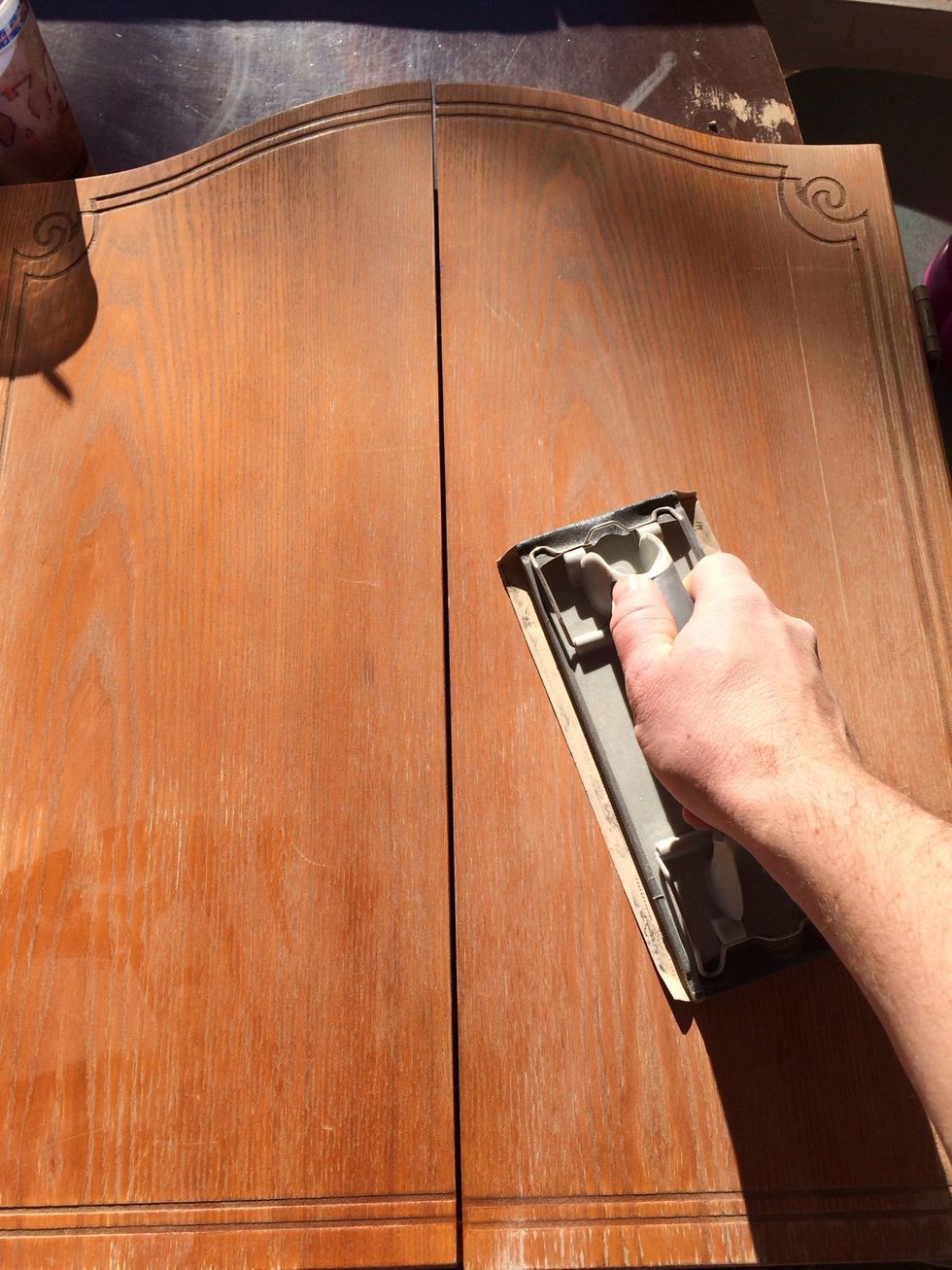 Sanding, sanding, sanding - oh yeah feel the burn... (Switch hands) ...Sand that mother! That's right who's the Boss? It ain't Tony Danza, fool. I'm the boss (Switch hands) WTH? I'm still sanding.