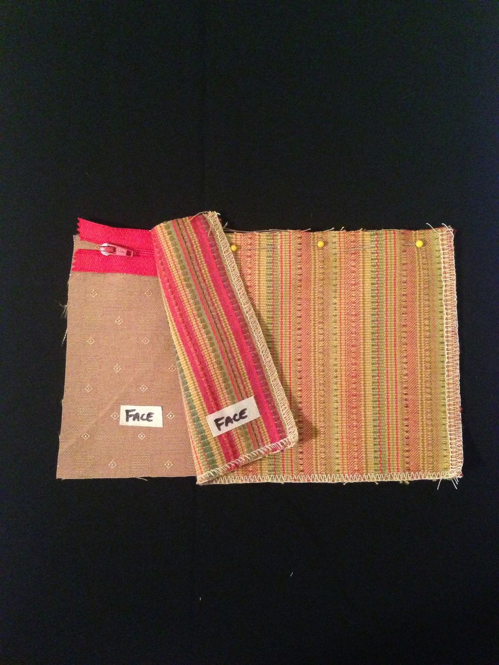 Sandwich zipper w/fabric FACES together & sew across (see pins).