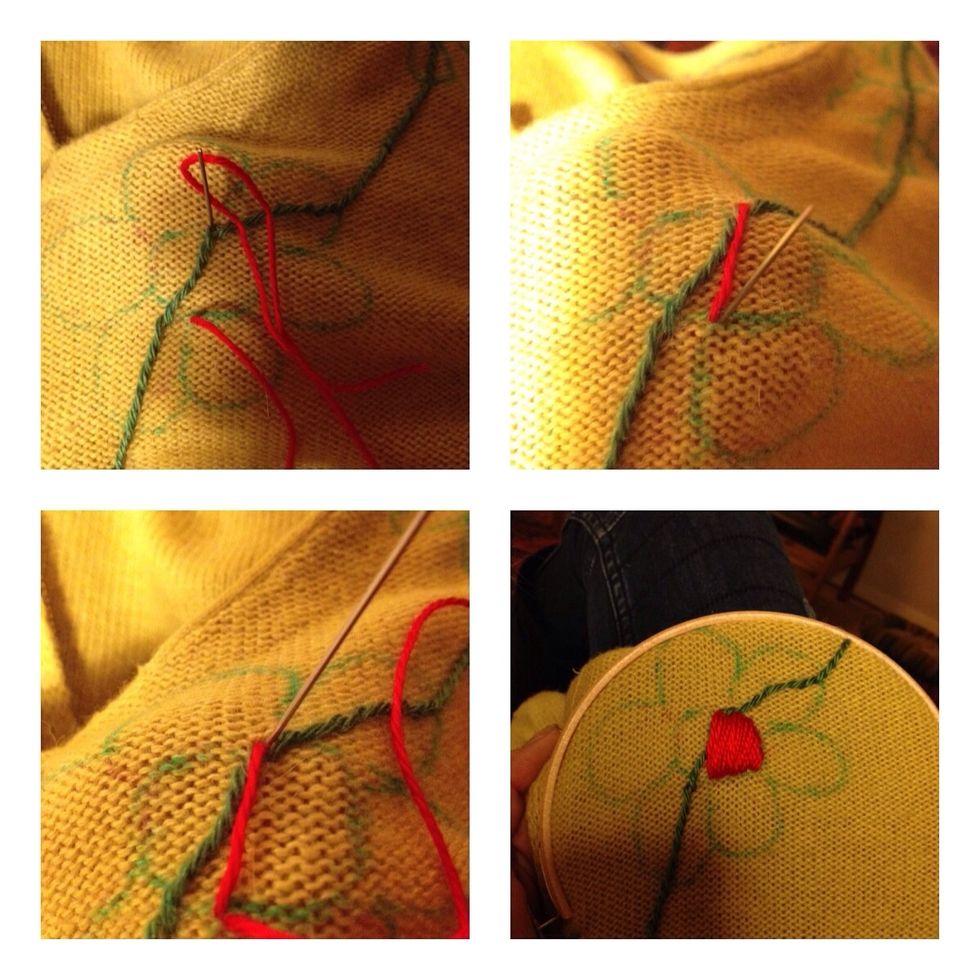 Satin stitch. I found that a embroidery hoop made it easier. Place the screw so, your yarn don't get caught on it.