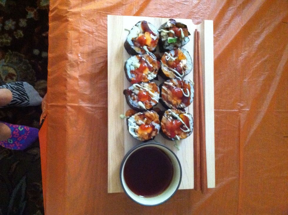 Sauce it up. I used unagi (eel) sauce, wasabi mayo and sweet chili. Spicy mayo is also good or some sesame seeds. Add ginger and wasabi if you like. Enjoy!