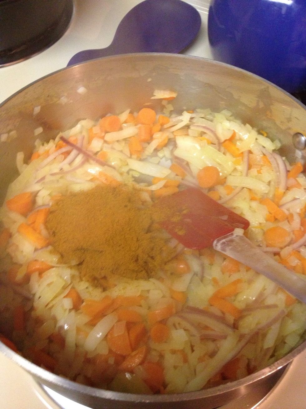 Saut\u00e9 10 minutes at medium heat then add garlic and curry powder and stir for a minute.