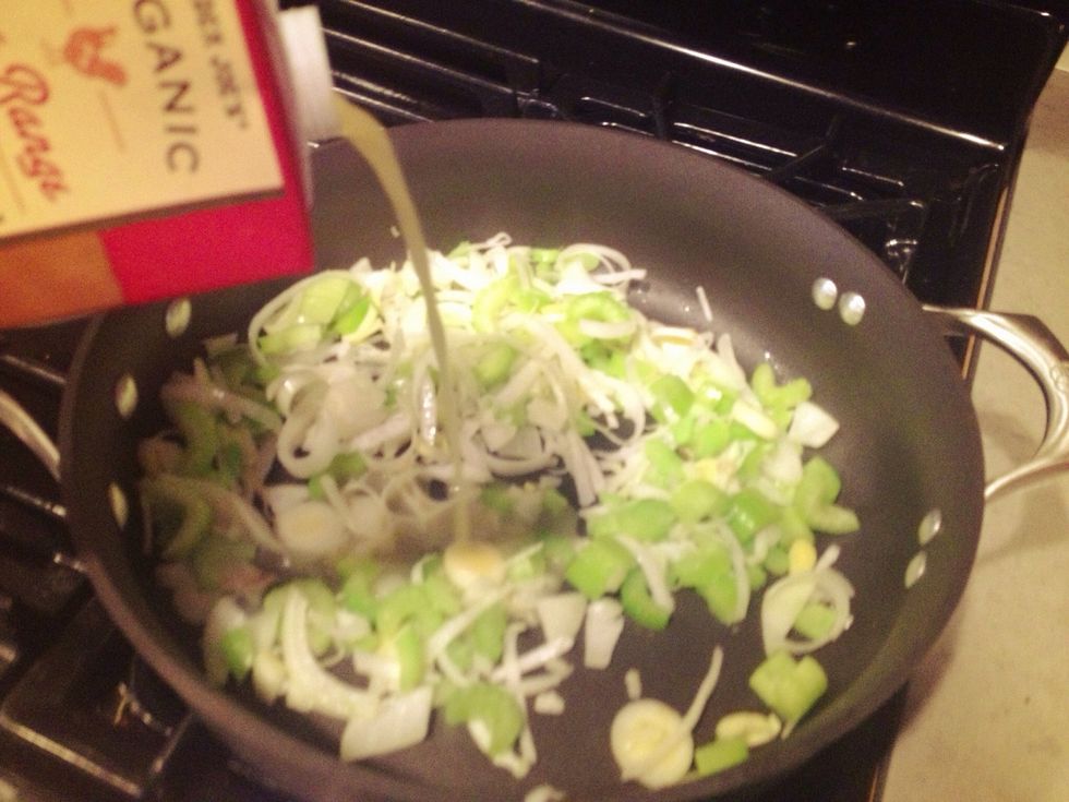 Saut\u00e9 celery, onion and leeks for about 2 minutes, then add some broth. Probably 1/2 cup to start...