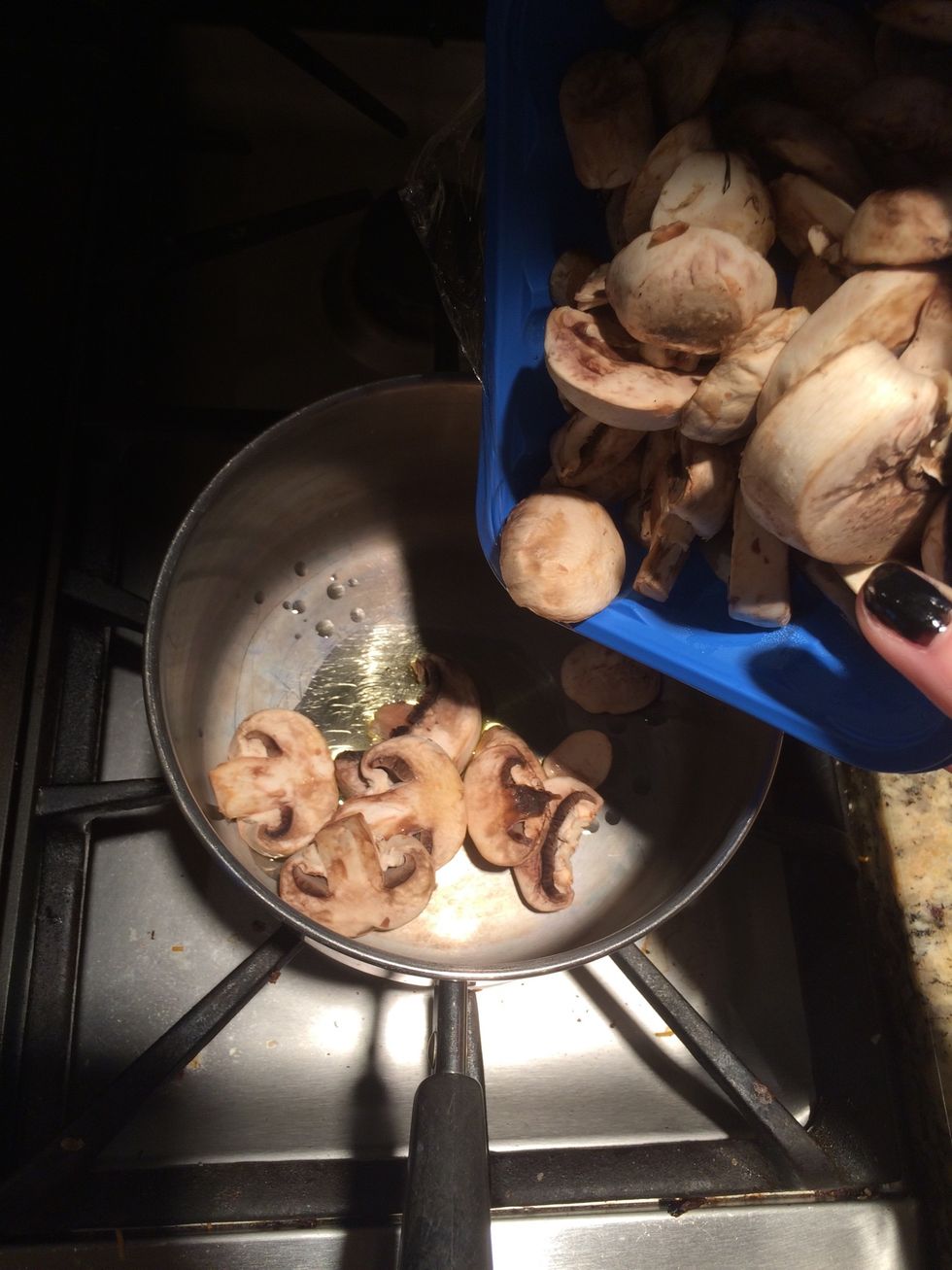 Saut\u00e9 full container of mushrooms in a smaller pot (but big enough to add the other ingredients)