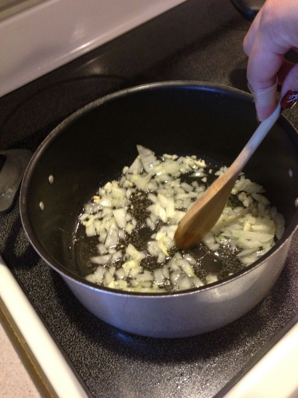 Saut\u00e9 garlic & onion. \ud83c\udf1fTip: always start off saut\u00e9ing garlic first, as it is more dense than onion. Don't let it burn and saut\u00e9 onions until opaque in color...