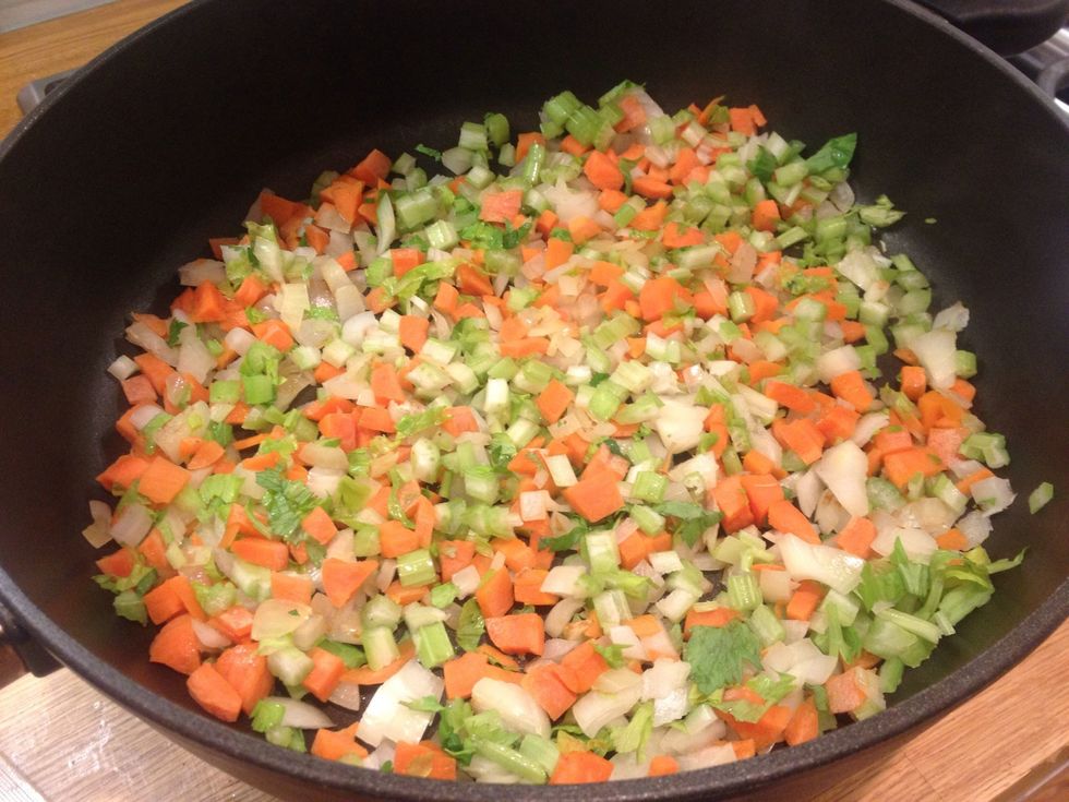 Saut\u00e9 in a little oil. I use olive or rapeseed. The Italians call this a sofritto and it's a great base to soups and sauces. The aim is to soften but not to get too much colour
