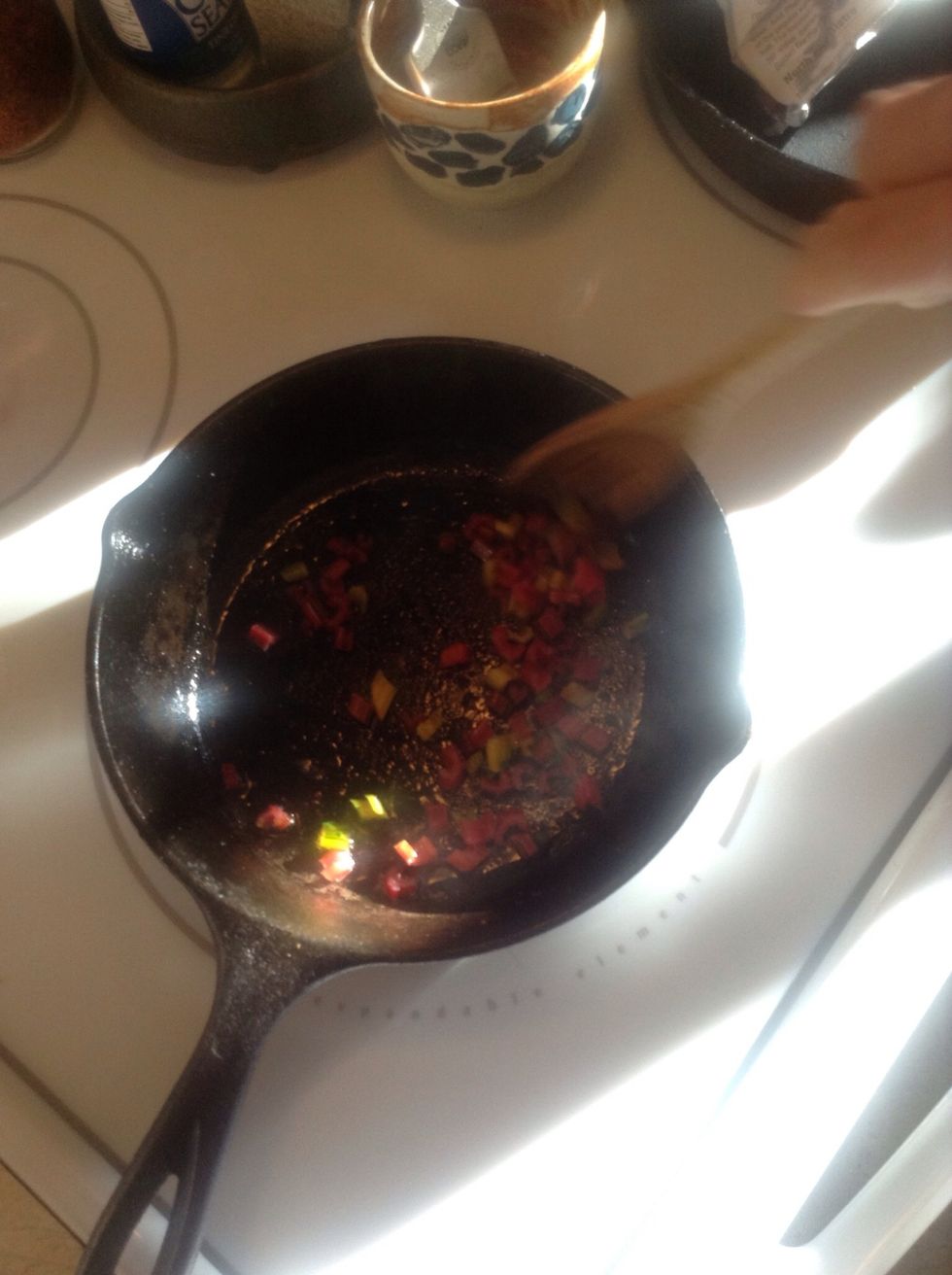 Saut\u00e9 in olive oil heated in cast iron pan.