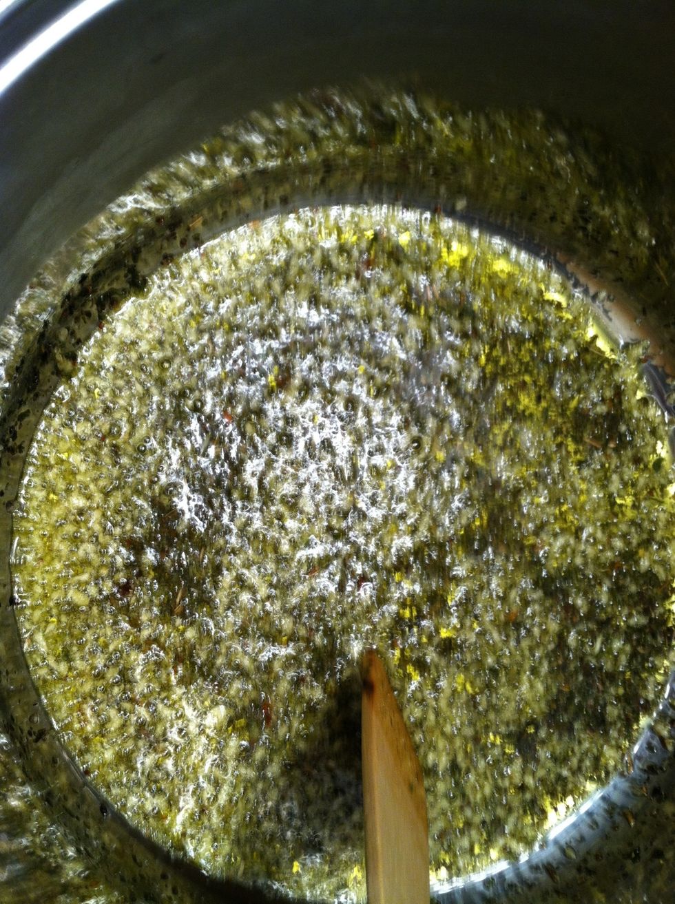 Saut\u00e9 on low for 1-2 minutes stirring constantly. You don't want the garlic to brown/take on any color.