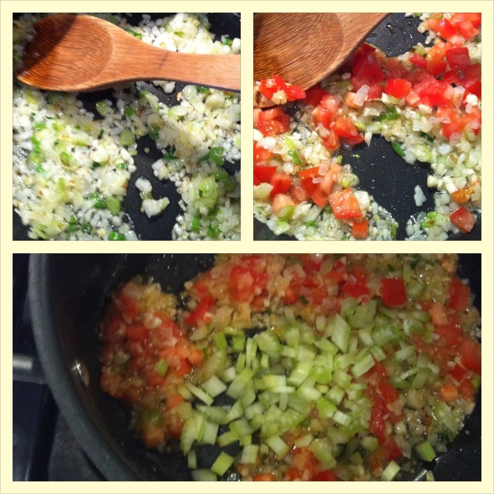 Saut\u00e9 onions and white part of green onions in oil til translucent . Add tomatoes and garlic . After a minute ,add celery.Cook for another minute or 2.