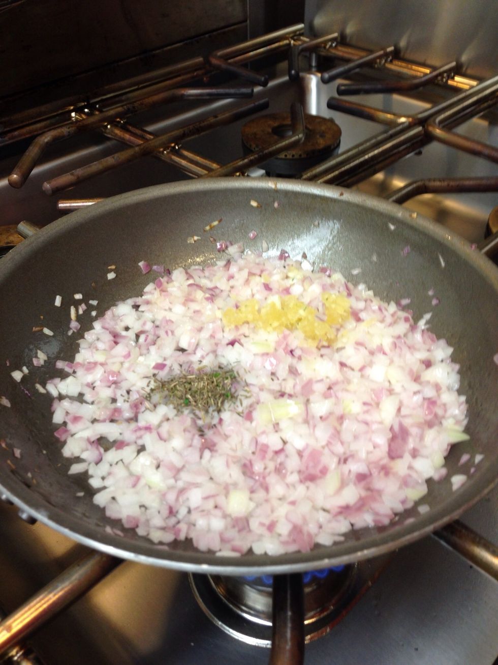 Saut\u00e9 onions, garlic and thyme till translucent.