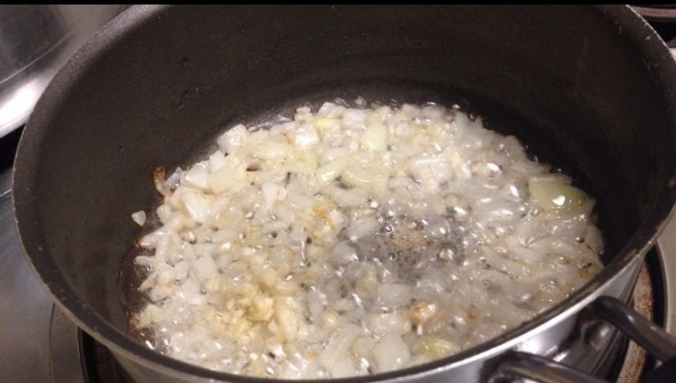 Saut\u00e9 onions until golden brown, then add garlic ..