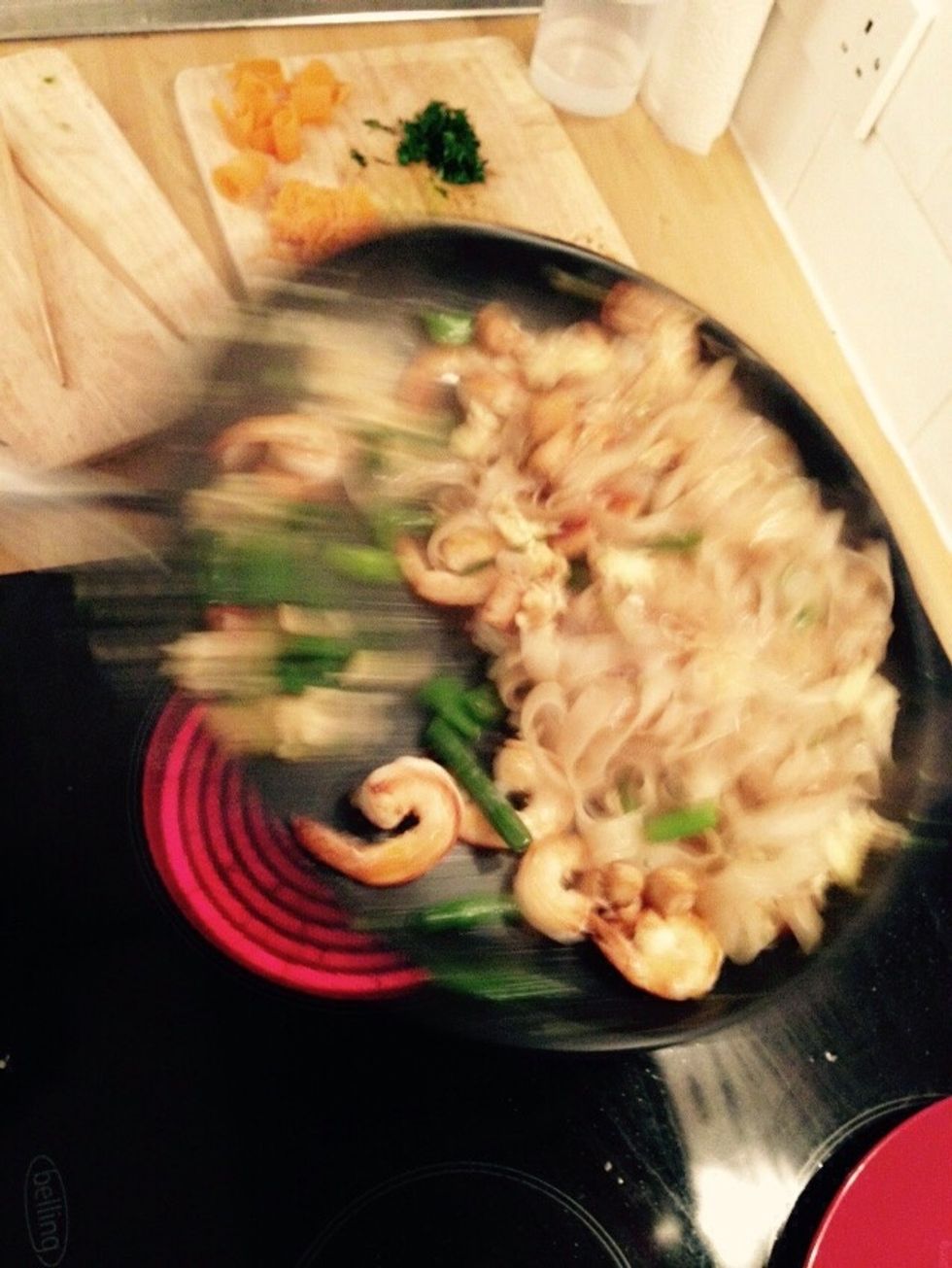 Saut\u00e9 quickly distributing the sauce evenly, at this point it should start thickening and becoming fairly sticky.