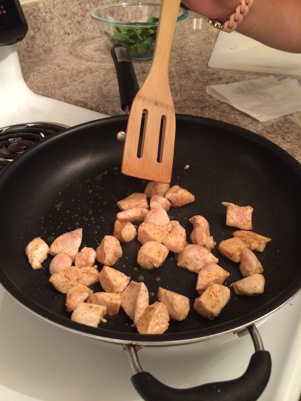 Saut\u00e9 some chicken. For more on how to saut\u00e9 chicken, check out my guide: http://snapguide.com/guides/saute-chicken