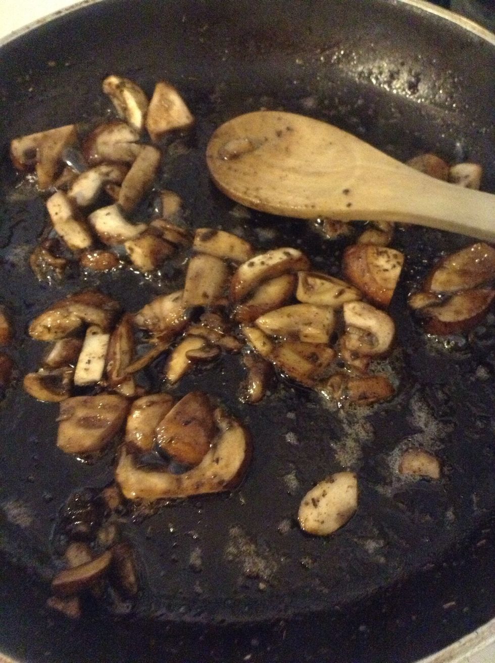 Saut\u00e9 the mushrooms until tender and cooked.