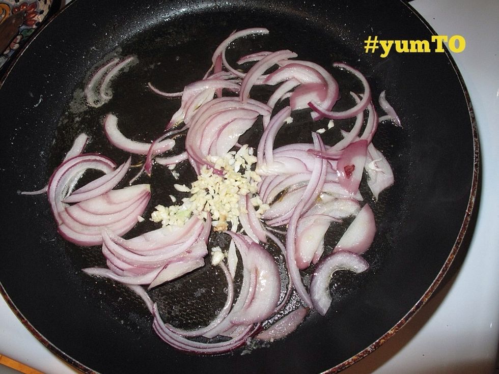 Saut\u00e9 the onion first and then add the garlic until the onion is clear. Remove items and set aside. In the same pan add the sliced mushrooms. Avoid over crow them and cook them in batches.