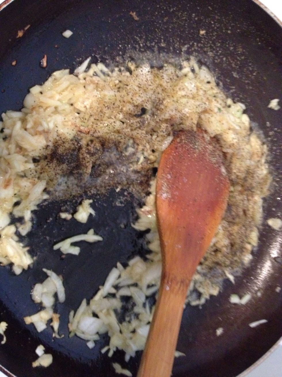 Saut\u00e9 the onion garlic black pepper with salt to taste on the 3/4 stick of butter pool till they turn light brown