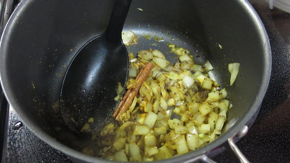 Saut\u00e9 the onions and spices for about seven minutes on medium heat. Only mild full flavor Ceylon Cinnamon works for this recipe. Cassia Cinnamon is too harsh and will overpower this recipe.