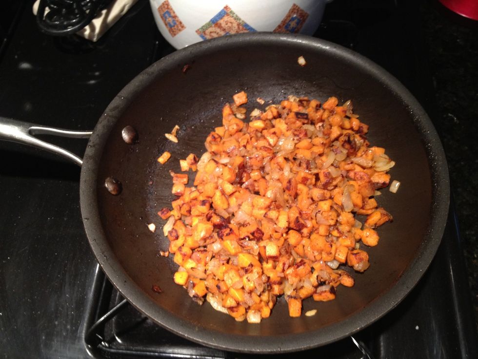 Saut\u00e9 the onions and sweet potatoes with a little bit of nutmeg salt pepper and ginger
