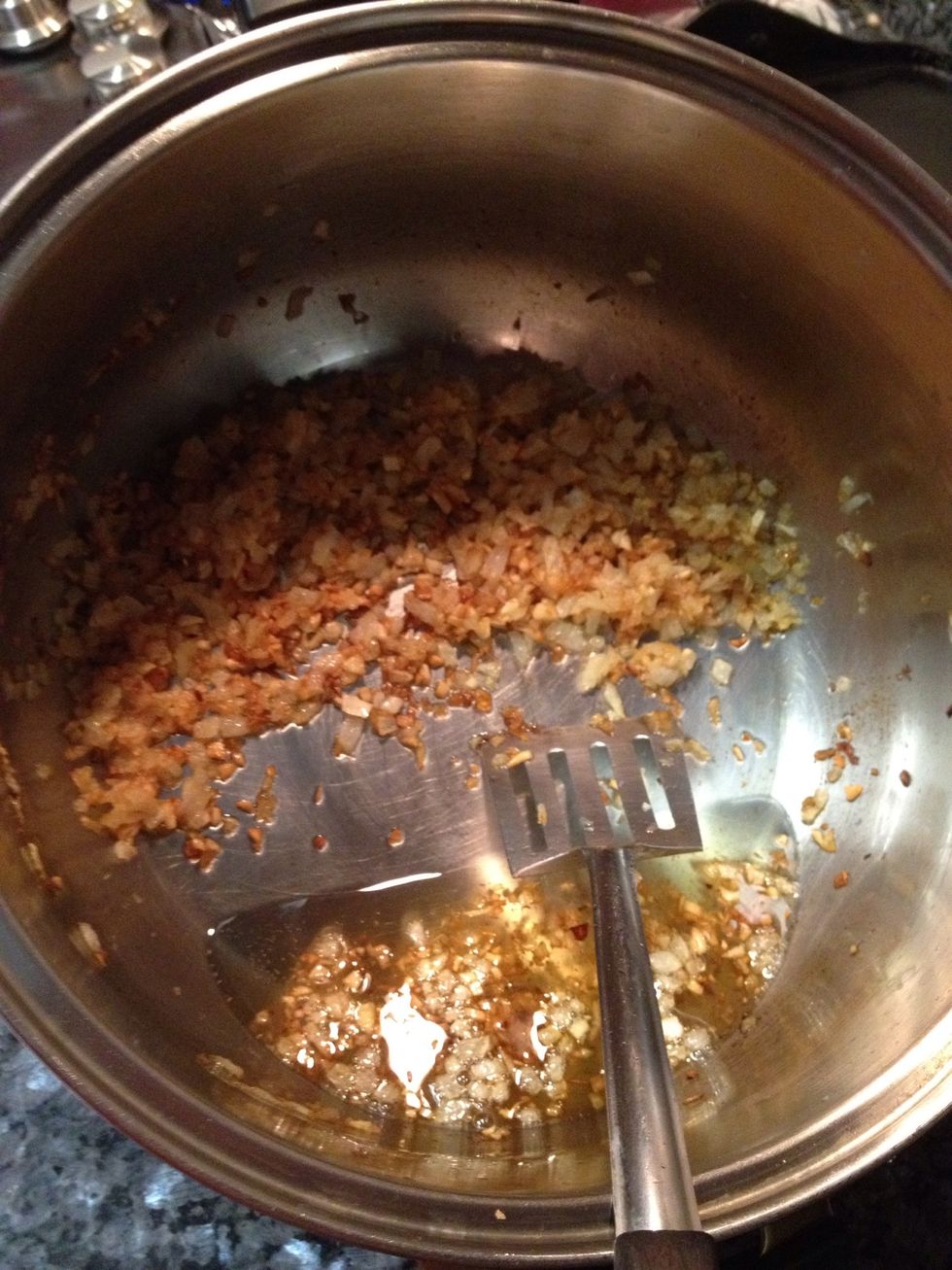 saut\u00e9 them light brown ; they can be lighter than this; and tilt the pan so that the oil will be separated and let onions cool off.