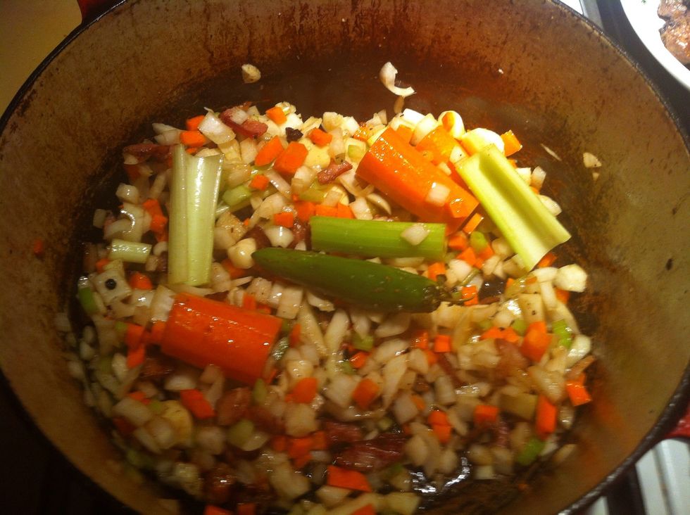 Saut\u00e9 veg and porcini dice in bacon fat and extra tbsp of olive oil over medium heat. Season with kosher salt