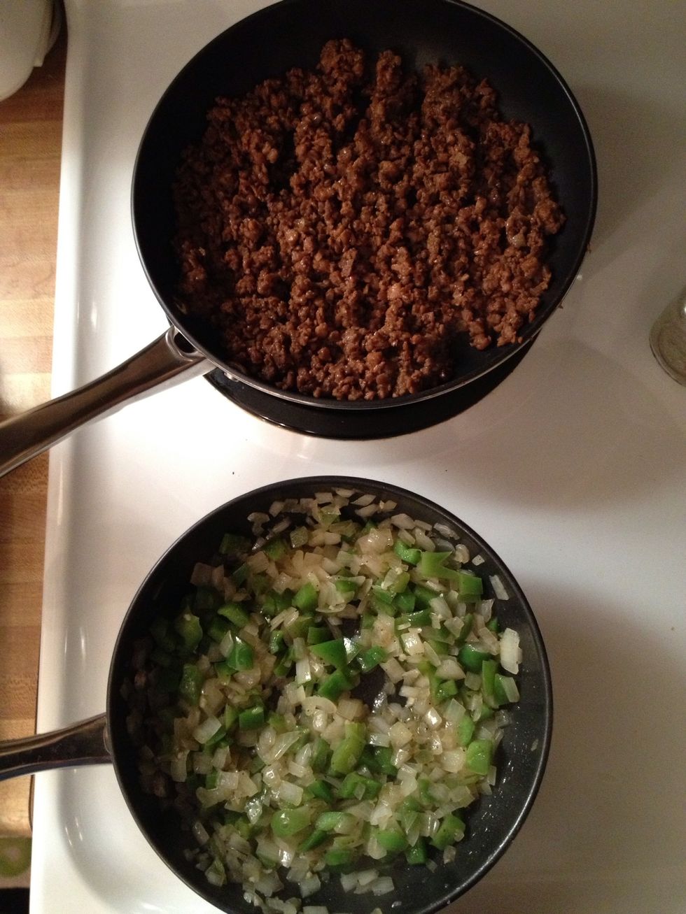 Saut\u00e9 Veggie crumbles and Diced onion with green pepper and garlic in separate pans until translucent