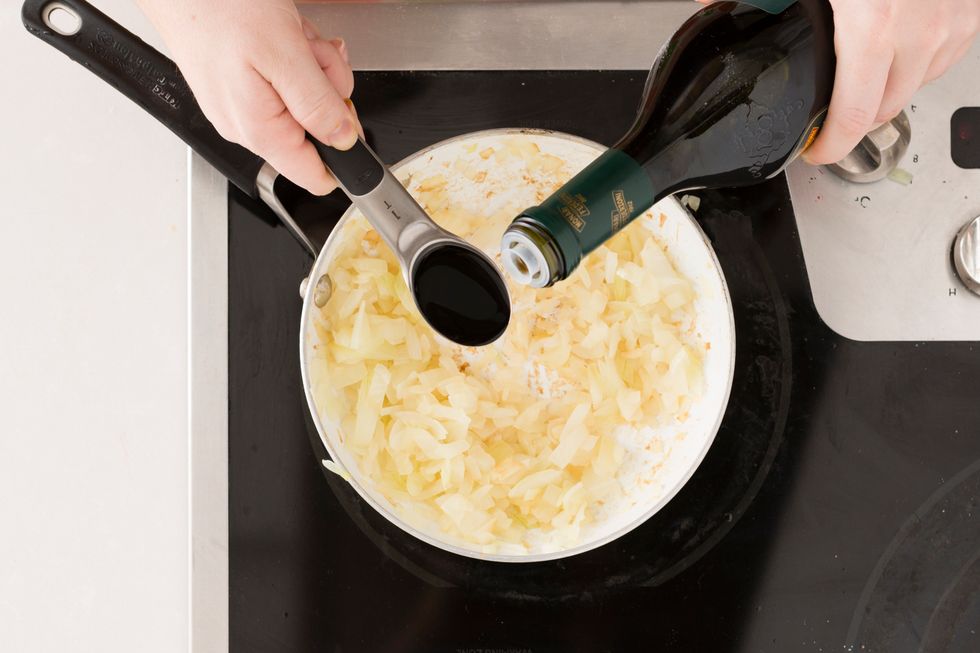 Saut\u00e9 your diced onions until caramelized, about 8-10 minutes. Add some balsamic vinegar. Stir to combine and continue to cook for another 1-2 minutes, until all the vinegar has been absorbed.