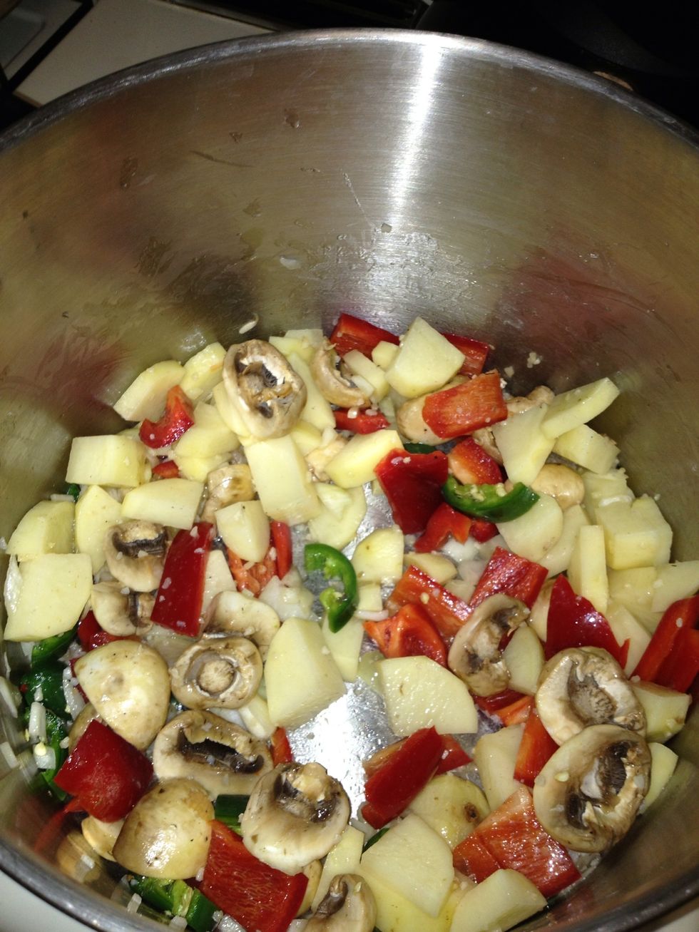 Saut\u00e9ed ham and veggies till browned and coated in olive oil.