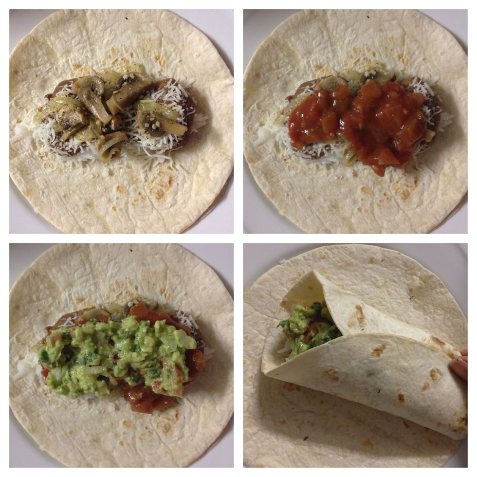 ....saut\u00e9ed mushrooms, salsa, guacamole and some hot sauce and sour cream if you like. Wrap up the tortilla...