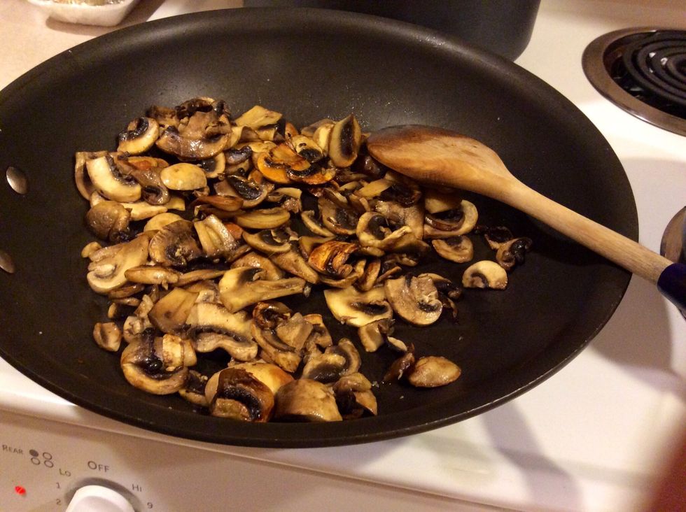 Saut\u00e9ing mushrooms. See the nice golden brown color! That comes from not stirring, let them sit and cook! When they are golden brown remove them from the heat and put in a small bowl to reserve.