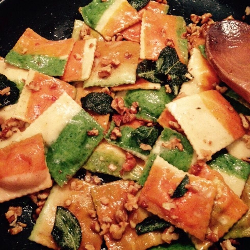 Saute all together to mix pasta and sauce.