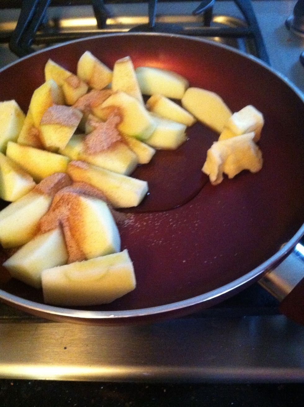 Saute apple slices in pan with butter, cinnamon sugar and maple syrup until soft but still holding its shape.