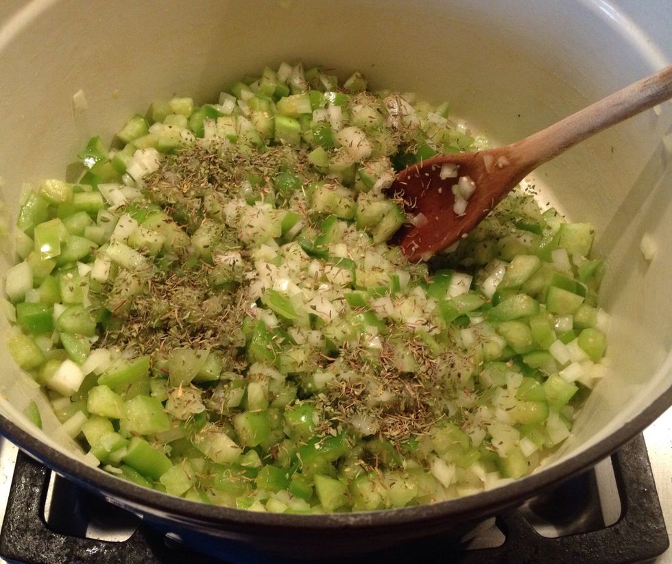Saute the onions, the tomatillos, and dried seasonings in a little olive oil, until the vegetables are tender. Add the chicken stock or the vegetable stock and bring to a gentle boil.