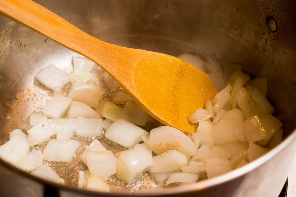 Saute your onions first. Try not to get too much color as we just want to soften them slightly.