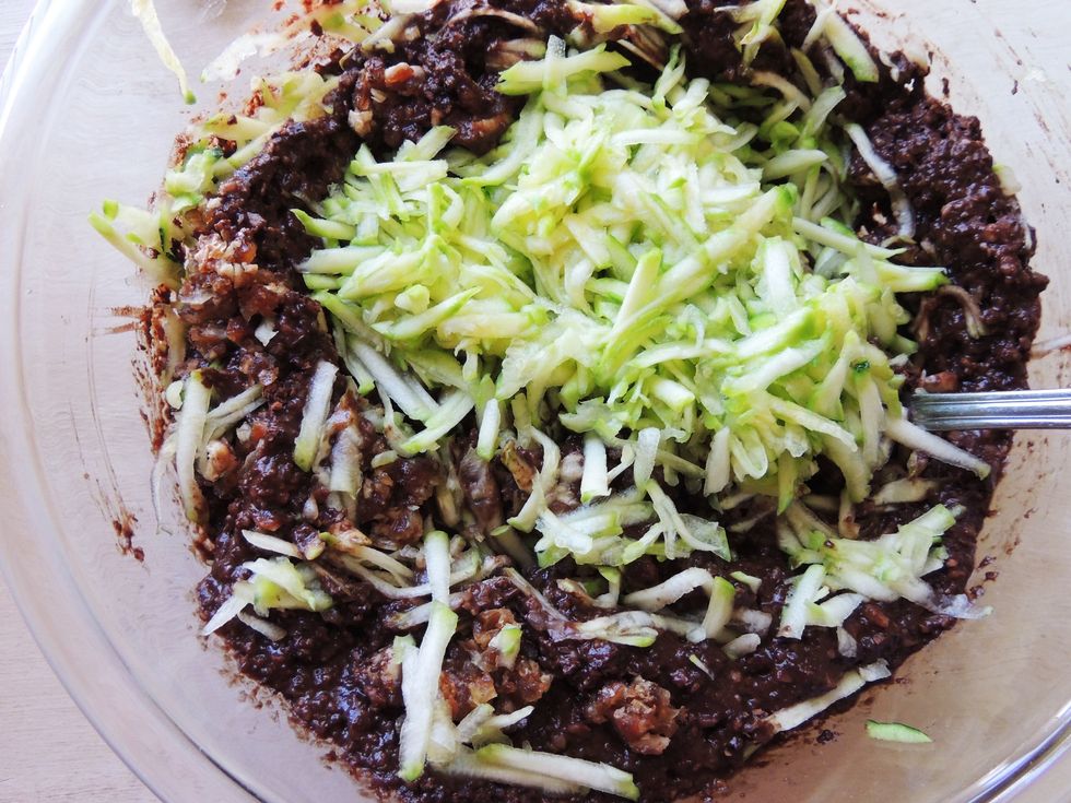 *save a tablespoon of dates.  Stir in the grated zucchini and the remaining chopped dates.