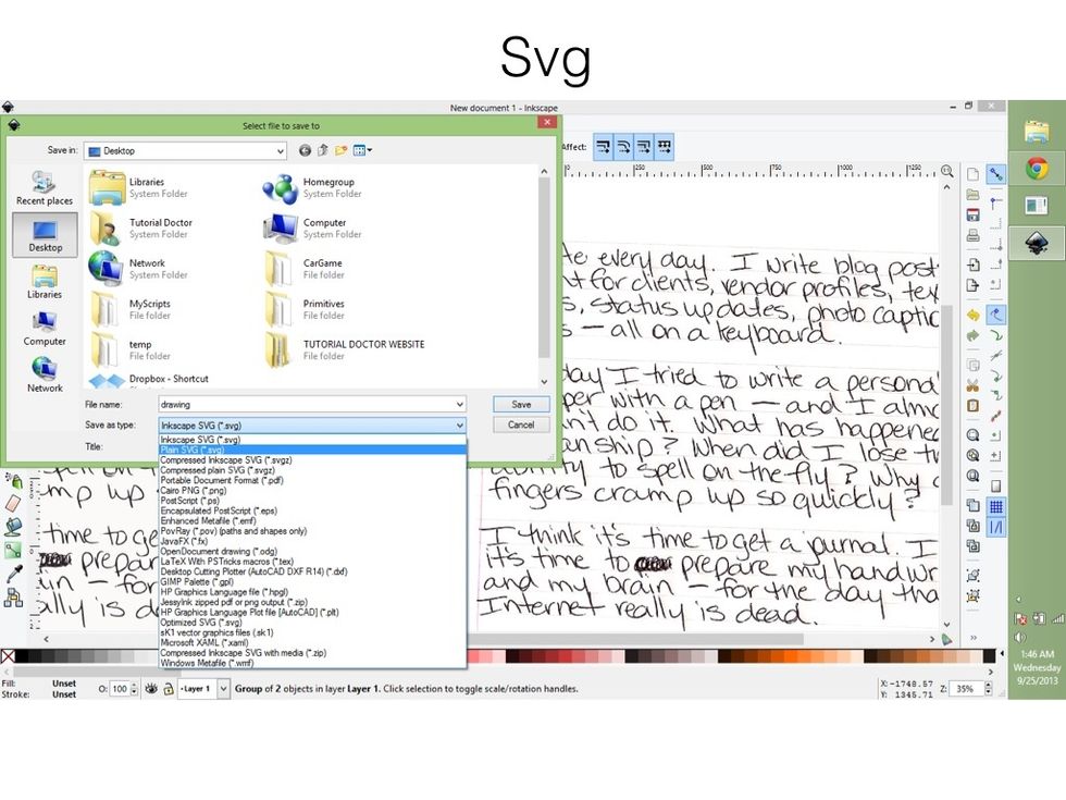 Save it as type PLAIN SVG. Plain SVG is the standard Scalable Vector Graphics format, and should work with all Scalable Vector Graphics Editors (Adobe Illustrator).