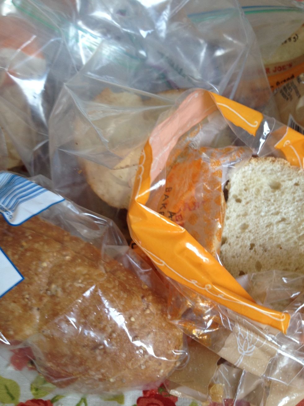 Save old bread  in the freezer until you're ready to go. Any type of bread (white, wheat, sourdough, rye, etc.) can be used. The assortment of breads also gives your dishes wonderful taste!