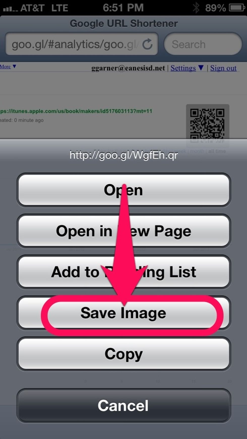 Save the image to your Camera Roll and you're done! (If you signed in with your Google account, you'll be able to get back to this QR code later at goo.gl)