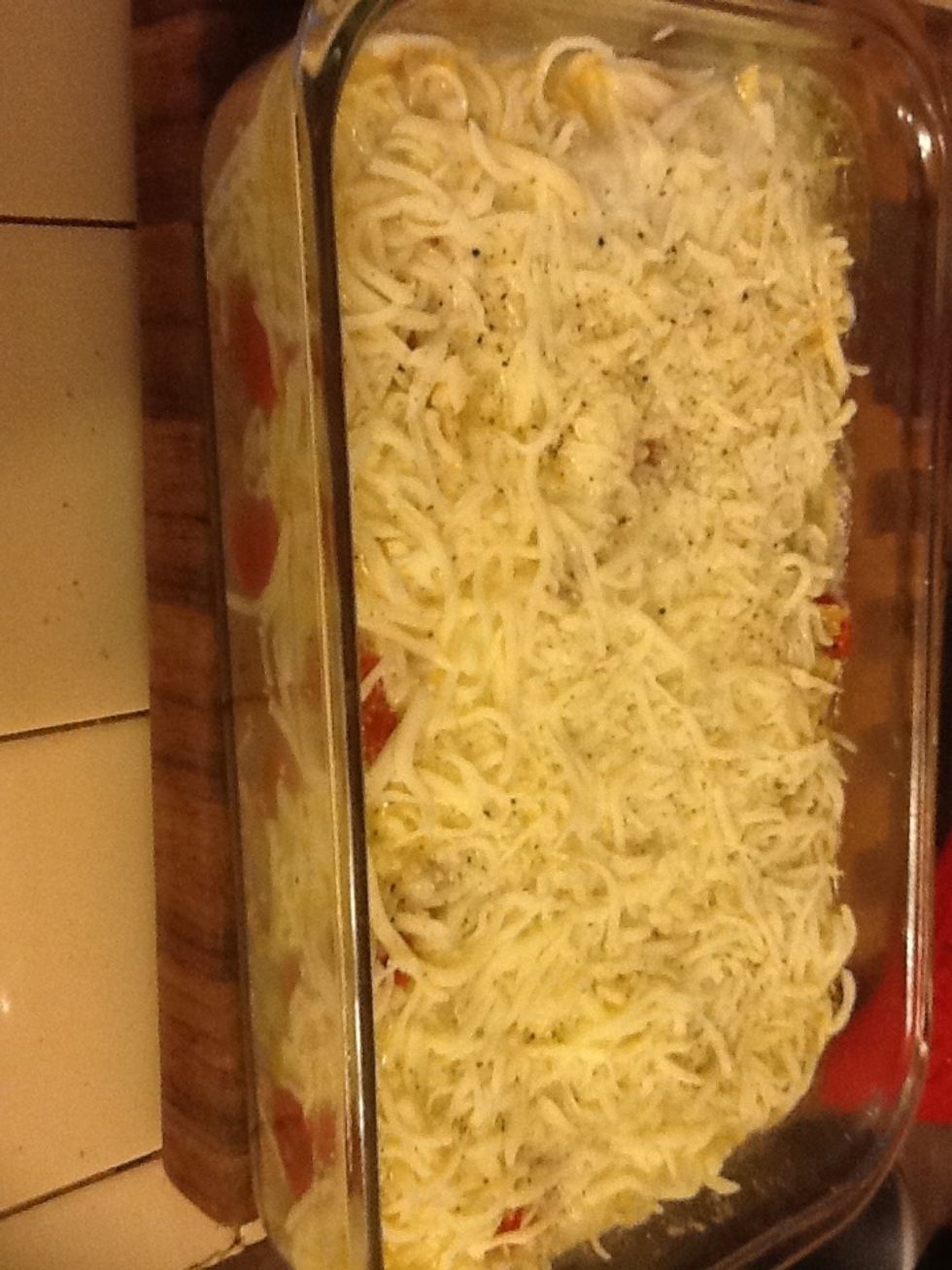 Scatter ingredients in greased casserole dish. Pour egg whites to cover and top with cheese. Return to oven until egg sets and cheese browns. 30 minutes or so.