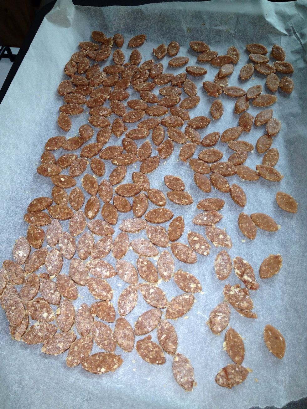Scatter the 'seeds' loosely on your trays, they don't need to be lined up, but try to keep them in a single layer to dry out evenly. Bake at 140C/285F for approx 70mins.