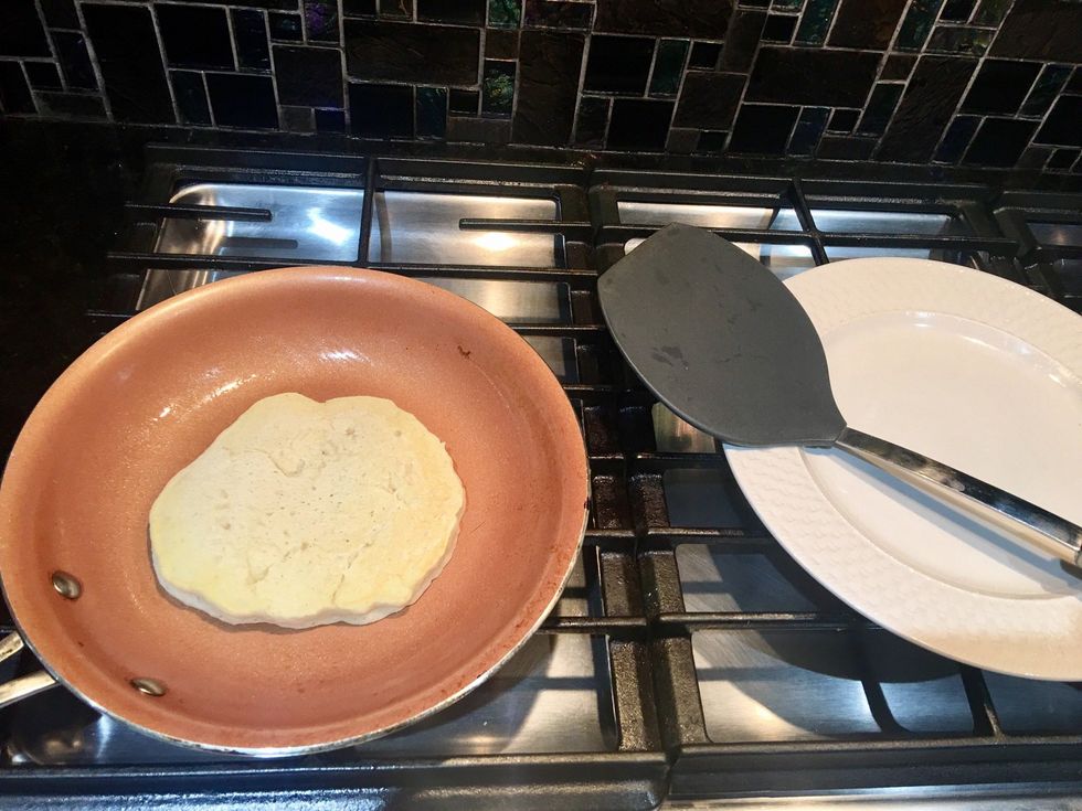 Scoop 1/3 cup of batter or whatever portion you like and whatever toppings.