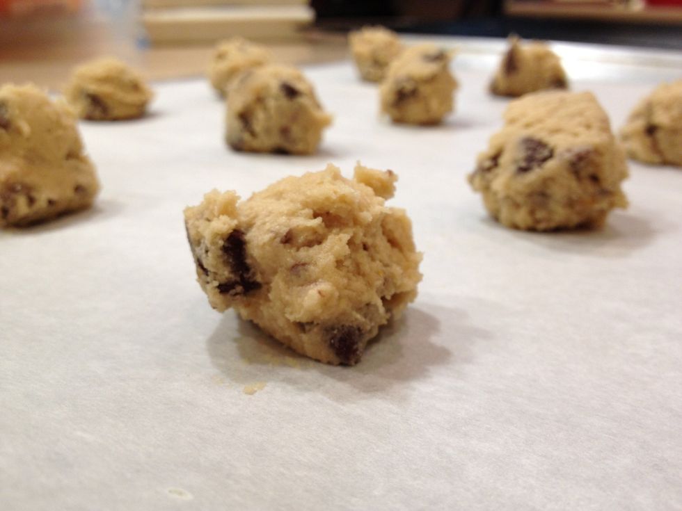 Scoop by rounded tablespoonfuls onto a parchment-covered cookie sheet.